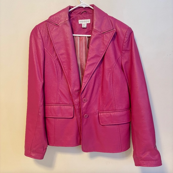 Worthington Genuine Leather Collared Two Button Blazer Jacket Hot Pink Womens L - Picture 1 of 4